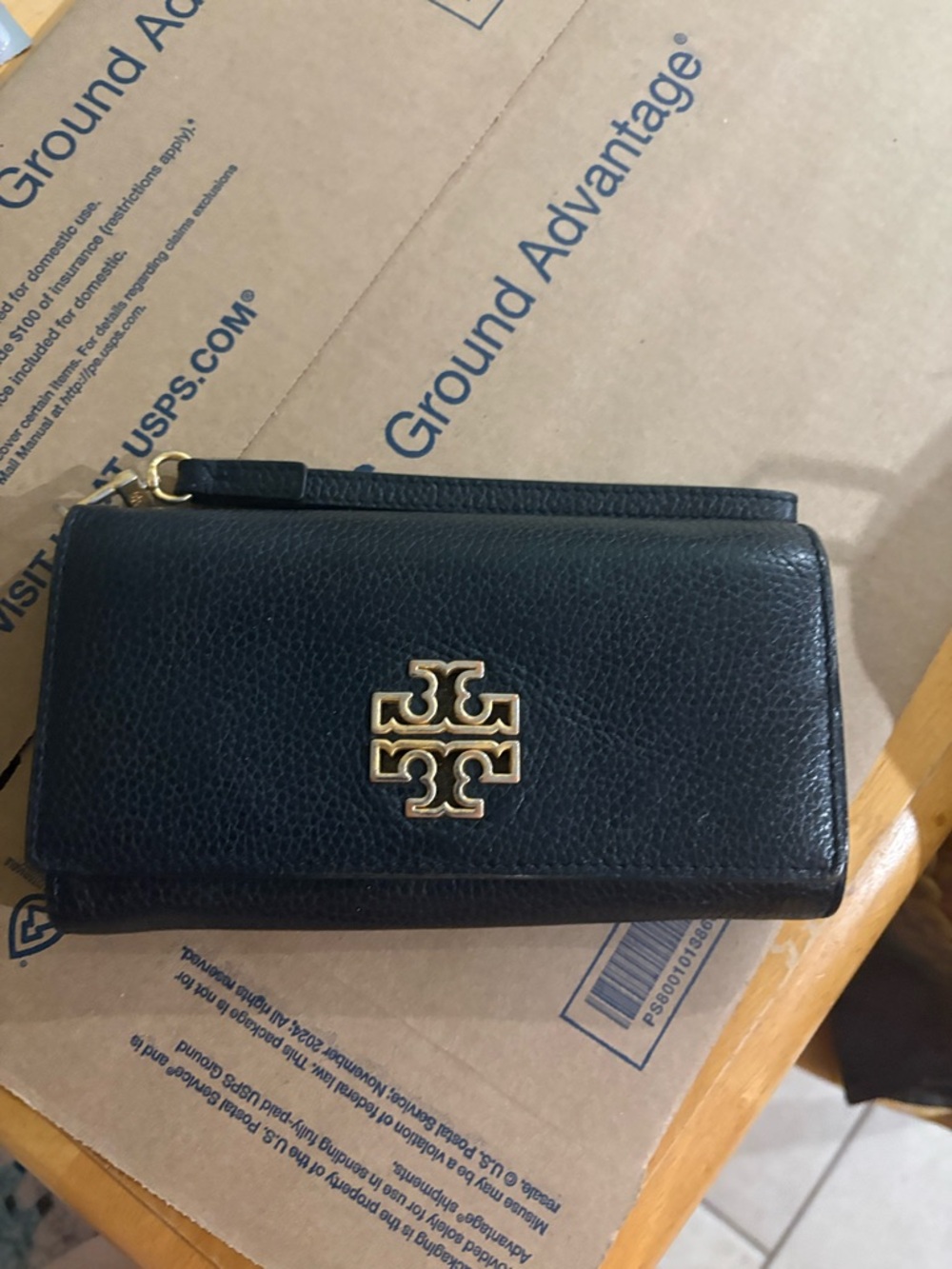 Tory Burch Black Pebbled Leather Wristlet with Gold Hardware
